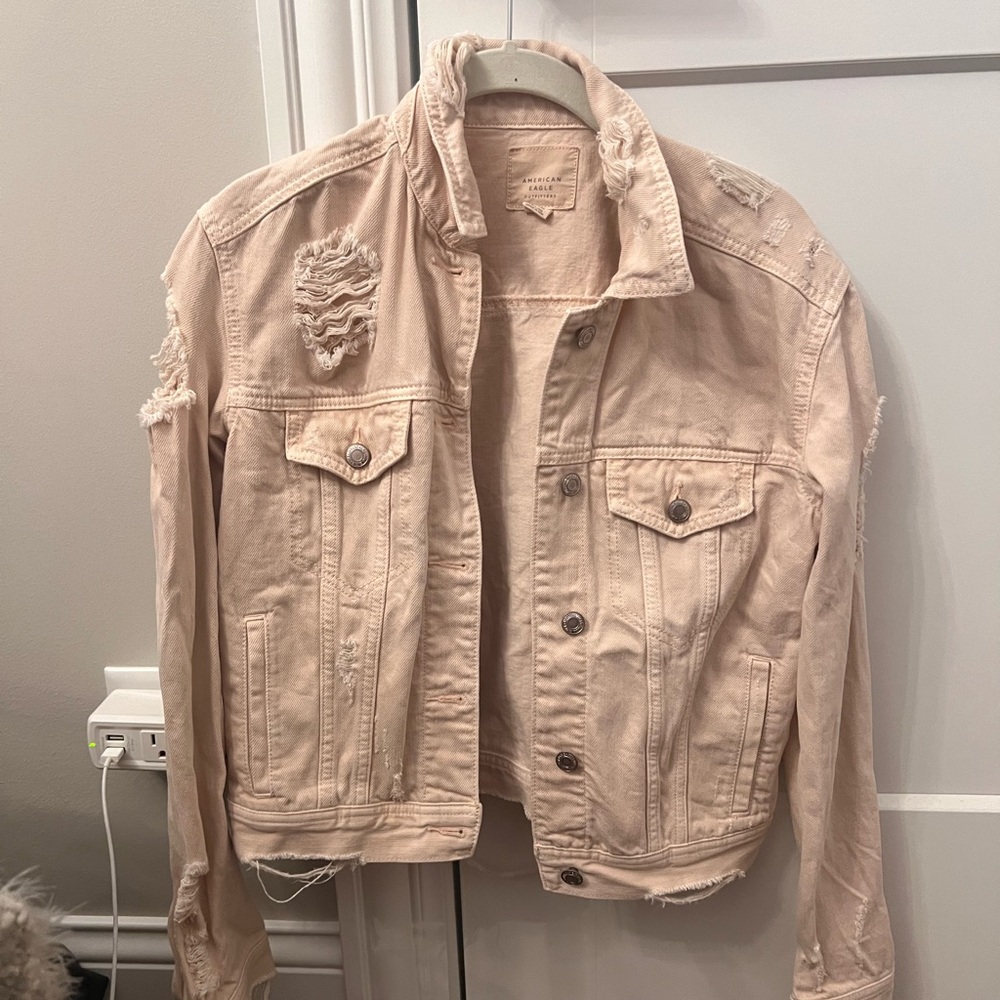 American Eagle Misses Denim Jacket Pink Beige Destroy Size XS